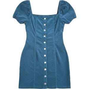 Forever 21 Teal Corduroy Button Front Puff Sleeve Mini Dress Large Retro New
